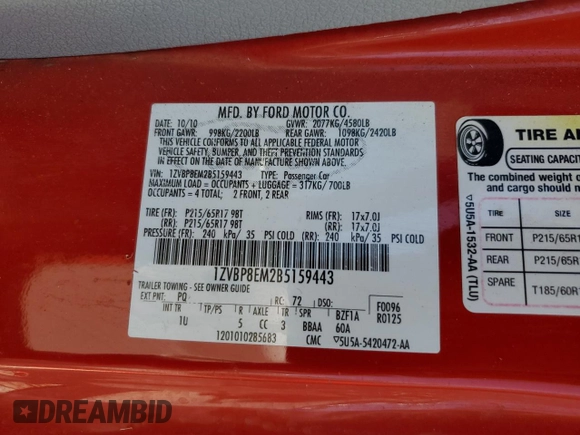 2011 Ford Mustang V6 с VIN 1ZVBP8EM2B5159443, выставлен на аукционе Copart как лот 58495155 с пробегом 114 327 миль миль и Списание • Salvage title. История ставок и продаж доступна на DreamBid. Изображение 13.