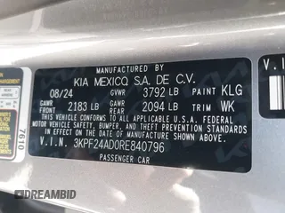 2024 Kia Forte LXS with VIN 3KPF24AD0RE840796, listed as a IAAI auction lot 41806283 with 4,000 mi miles. Bid and sale history available at carsss.com. Image 9.