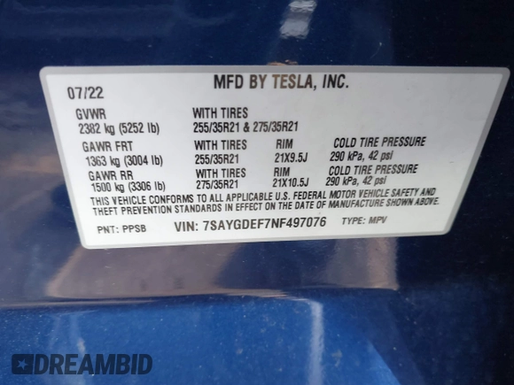 2022 Tesla Model Y Performance with VIN 7SAYGDEF7NF497076, listed as a IAAI auction lot 41759793 with 46,970 mi miles and . Bid and sale history available at DreamBid. Image 9.