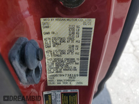 2015 Nissan Frontier S with VIN 1N6BD0CT8FN738169, listed as a Copart auction lot 63712315 with 165,061 mi miles and Salvage title. Bid and sale history available at DreamBid. Image 12.