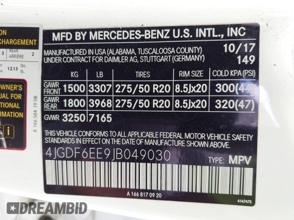 2018 Mercedes-Benz GLS 450 with VIN 4JGDF6EE9JB049030, listed as a IAAI auction lot 41804243 with 60,985 mi miles and . Bid and sale history available at DreamBid. Image 9.