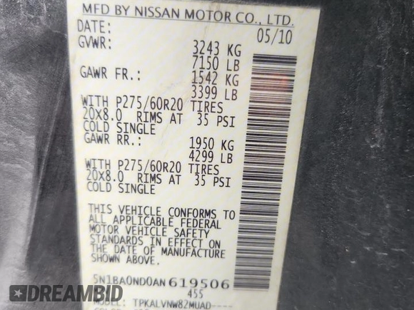 2010 Nissan Armada Titanium z VIN 5N1BA0ND0AN619506, wystawiony jako Copart lot #58329005 z przebiegiem 212 496 mil mil oraz Szkoda całkowita • Salvage title. Historia ofert i sprzedaży dostępna na DreamBid. Obrazek 13.