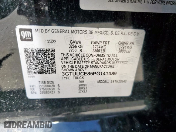 2023 GMC Sierra 1500 Elevation z VIN 3GTUUCE85PG141089, wystawiony jako Copart lot #56396495 z przebiegiem 81 703 mil mil oraz Szkoda całkowita • Salvage title. Historia ofert i sprzedaży dostępna na DreamBid. Obrazek 13.