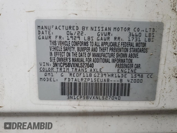 2022 Nissan Kicks S z VIN 3N1CP5BVXNL527040, wystawiony jako Copart lot #52746965 z przebiegiem 93 918 mil mil oraz Czysty tytuł • Clean title. Historia ofert i sprzedaży dostępna na DreamBid. Obrazek 13.