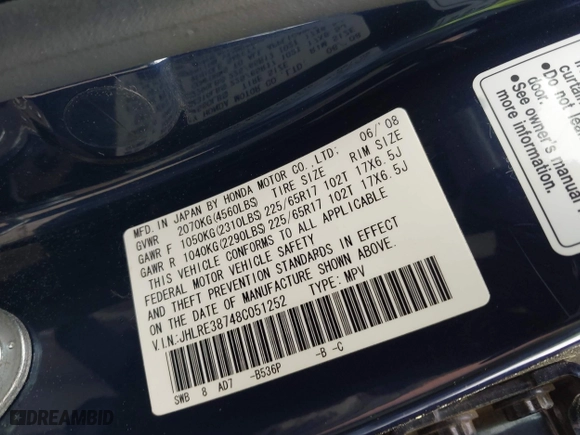 2008 Honda CR-V EX-L with VIN JHLRE38748C051252, listed as a IAAI auction lot 41906005 with 152,899 mi miles. Bid and sale history available at carsss.com. Image 9.