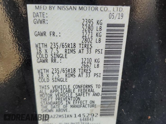 2019 Nissan Murano S with VIN 5N1AZ2MS1KN145292, listed as a Copart auction lot 51998125 with 56,963 mi miles and Salvage Title. Bid and sale history available at carsss.com. Image 16.