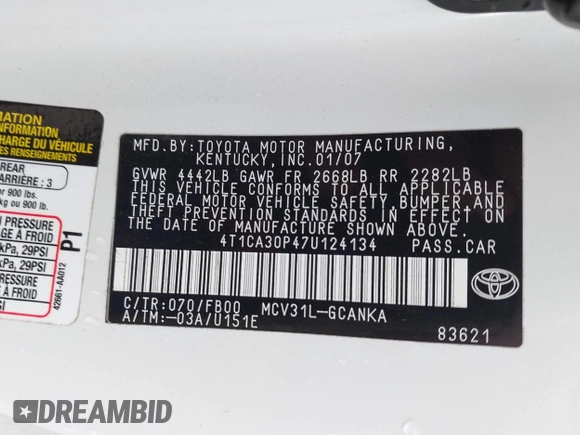 2007 Toyota Solara SE with VIN 4T1CA30P47U124134, listed as a IAAI auction lot 41954222 with 189,590 mi miles and . Bid and sale history available at DreamBid. Image 9.