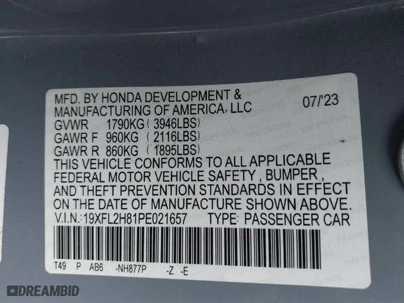 2023 Honda Civic Hatchback Sport with VIN 19XFL2H81PE021657, listed as a IAAI auction lot 41629596 with 15,011 mi miles. Bid and sale history available at carsss.com. Image 9.