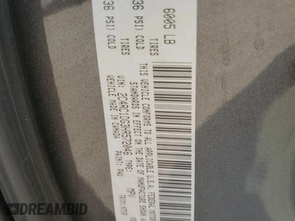 2017 Chrysler Pacifica Touring with VIN 2C4RC1DG3HR572046, listed as a Copart auction lot 59310095 with 147,796 mi miles and Salvage title. Bid and sale history available at DreamBid. Image 13.