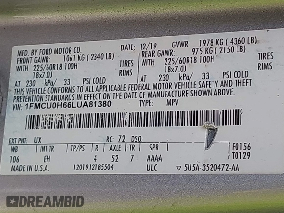 2020 Ford Escape SEL with VIN 1FMCU0H66LUA81380, listed as a IAAI auction lot 42160088 with 140,902 mi miles and . Bid and sale history available at carsss.com. Image 9.