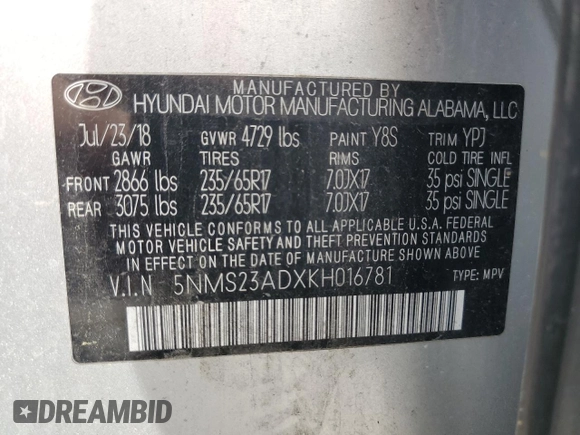 2019 Hyundai Santa Fe SE with VIN 5NMS23ADXKH016781, listed as a Copart auction lot 51088985 with 133,068 mi miles and Salvage Title. Bid and sale history available at carsss.com. Image 14.