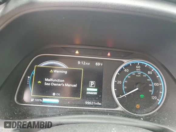 2018 Nissan LEAF SV with VIN 1N4AZ1CP1JC307031, listed as a Copart auction lot 58869215 with 99,621 mi miles and Salvage title. Bid and sale history available at DreamBid. Image 9.