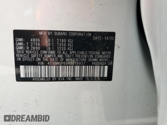 2022 Subaru Legacy Touring XT with VIN 4S3BWGP69N3019937, listed as a Copart auction lot 57463395 with Not provided miles and Salvage title. Bid and sale history available at DreamBid. Image 12.