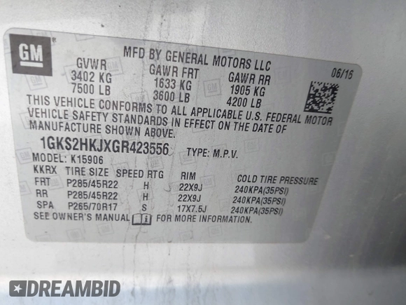 2016 GMC Yukon XL Denali with VIN 1GKS2HKJXGR423556, listed as a IAAI auction lot 42145970 with 118,436 mi miles. Bid and sale history available at carsss.com. Image 9.