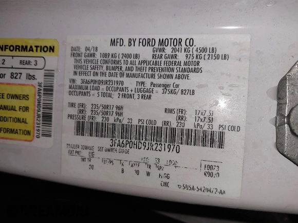 2018 Ford Fusion SE z VIN 3FA6P0HD9JR231970, wystawiony jako IAAI lot #41549490 z przebiegiem 99 803 mil mil oraz . Historia ofert i sprzedaży dostępna na DreamBid. Obrazek 9.