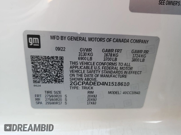 2022 Chevrolet Silverado 1500 RST with VIN 2GCPADED4N1518610, listed as a Copart auction lot 78514954 with 31,849 mi miles and Salvage Title. Bid and sale history available at DreamBid. Image 13.