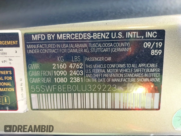 2020 Mercedes-Benz C 300 with VIN 55SWF8EB0LU329223, listed as a IAAI auction lot 42150188 with 89,260 mi miles and . Bid and sale history available at DreamBid. Image 9.
