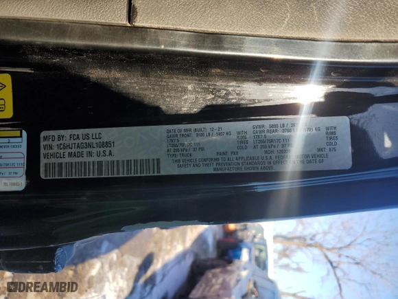 2022 Jeep Gladiator Sport S with VIN 1C6HJTAG3NL108851, listed as a Copart auction lot 38134614 with 17,017 mi miles and Salvage Title. Bid and sale history available at carsss.com. Image 14.