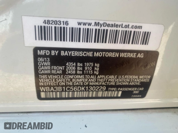2013 BMW 3 Series 320i with VIN WBA3B1C56DK130229, listed as a Copart auction lot 46759105 with 170,943 mi miles and Salvage Title. Bid and sale history available at carsss.com. Image 10.