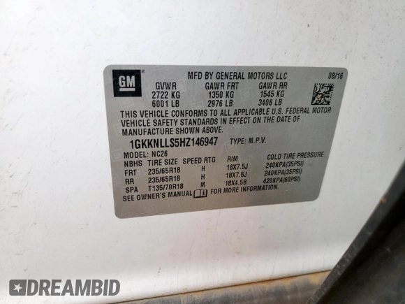 2017 GMC Acadia SLE with VIN 1GKKNLLS5HZ146947, listed as a Copart auction lot 63071345 with 151,596 mi miles and Clean title. Bid and sale history available at DreamBid. Image 13.