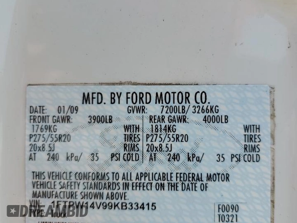 2009 Ford F-150 XL with VIN 1FTPW14V99KB33415, listed as a Copart auction lot 60546565 with 96,602 mi miles and Salvage title. Bid and sale history available at DreamBid. Image 12.