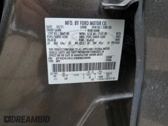 2011 Ford Edge Limited with VIN 2FMDK3KCXBBB03699, listed as a Copart auction lot 52440865 with 169,466 mi miles and Salvage Title. Bid and sale history available at carsss.com. Image 15.