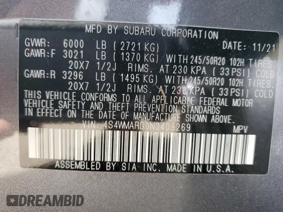 2022 Subaru Ascent Touring with VIN 4S4WMARD0N3409269, listed as a Copart auction lot 56928405 with 39,775 mi miles and Salvage title. Bid and sale history available at DreamBid. Image 13.