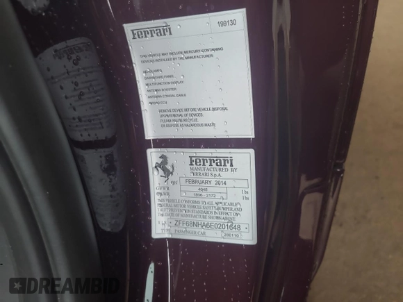 2014 Ferrari 458 Italia z VIN ZFF68NHA6E0201648, wystawiony jako Copart lot #41274584 z przebiegiem 15 586 mil mil oraz . Historia ofert i sprzedaży dostępna na DreamBid. Obrazek 13.