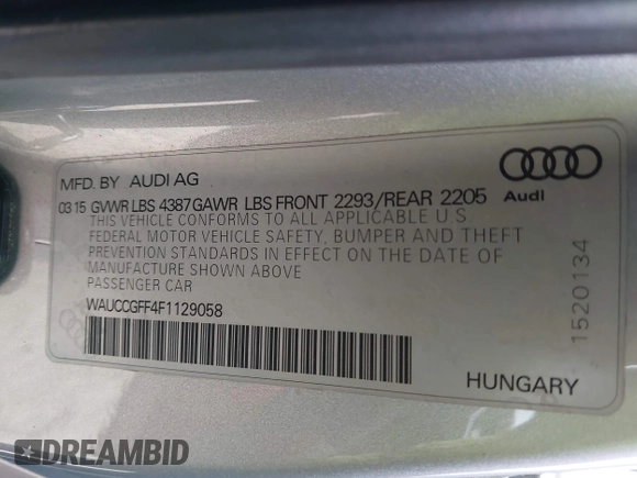 2015 Audi A3 Premium Plus with VIN WAUCCGFF4F1129058, listed as a IAAI auction lot 42066493 with 122,774 mi miles and . Bid and sale history available at DreamBid. Image 9.