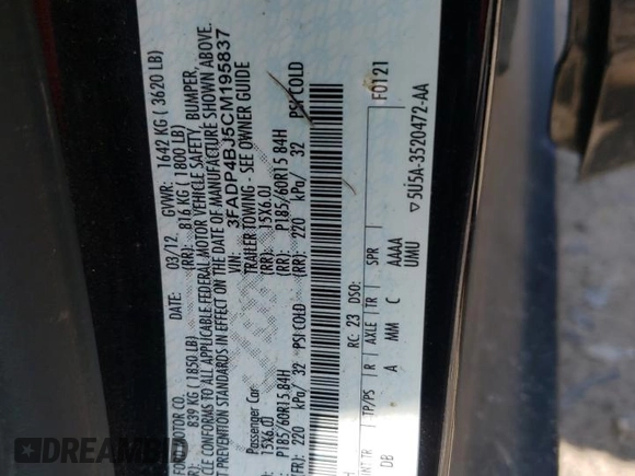 2012 Ford Fiesta SE z VIN 3FADP4BJ5CM195837, wystawiony jako Copart lot #57363165 z przebiegiem 108 003 mil mil oraz Szkoda całkowita • Salvage title. Historia ofert i sprzedaży dostępna na DreamBid. Obrazek 12.