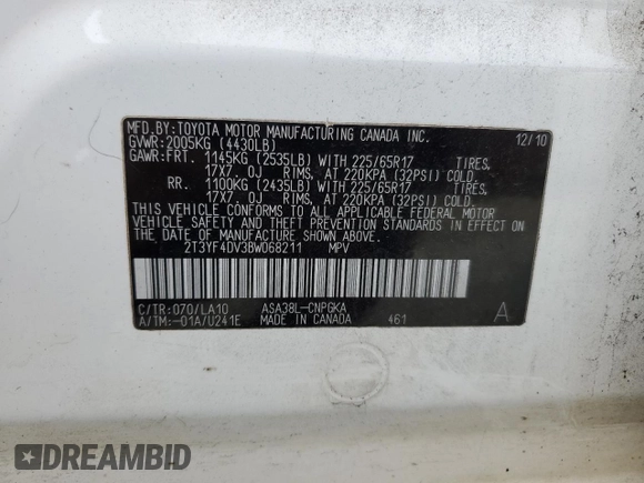 2011 Toyota RAV4 Ltd with VIN 2T3YF4DV3BW068211, listed as a Copart auction lot 84998554 with 171,147 mi miles and Salvage Title. Bid and sale history available at carsss.com. Image 13.