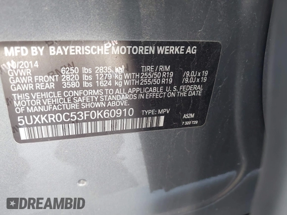 2015 BMW X5 xDrive35i with VIN 5UXKR0C53F0K60910, listed as a IAAI auction lot 41857733 with 153,583 mi miles. Bid and sale history available at carsss.com. Image 9.