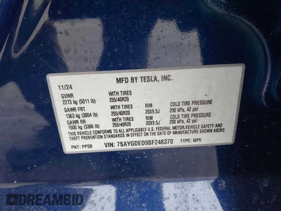 2025 Tesla Model Y Long Range with VIN 7SAYGDED9SF248370, listed as a IAAI auction lot 41336869 with 2,499 mi miles and . Bid and sale history available at DreamBid. Image 9.