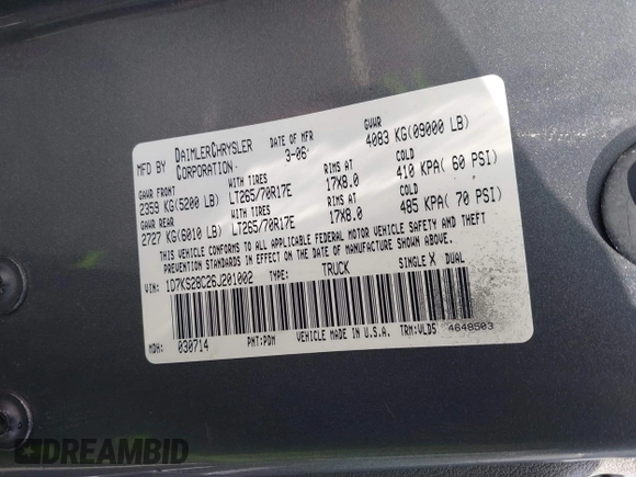 2006 Dodge 2500 SLT with VIN 1D7KS28C26J201002, listed as a IAAI auction lot 41720076 with 177,127 mi miles and . Bid and sale history available at DreamBid. Image 9.
