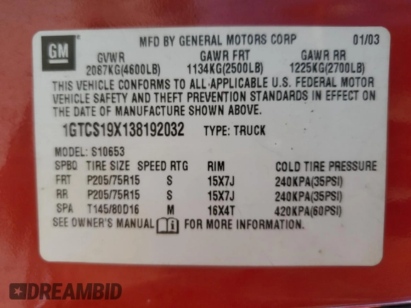 2003 GMC Sonoma SLS z VIN 1GTCS19X138192032, wystawiony jako Copart lot #76230394 z przebiegiem 116 046 mil mil oraz Szkoda całkowita • Salvage title. Historia ofert i sprzedaży dostępna na DreamBid. Obrazek 15.