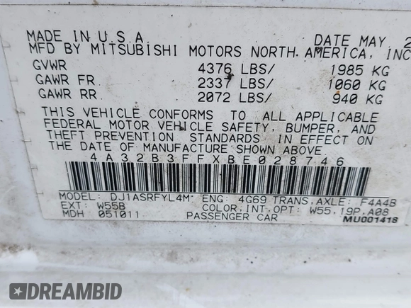 2011 Mitsubishi Galant ES with VIN 4A32B3FFXBE028746, listed as a IAAI auction lot 41696320 with 239,710 mi miles and . Bid and sale history available at DreamBid. Image 9.
