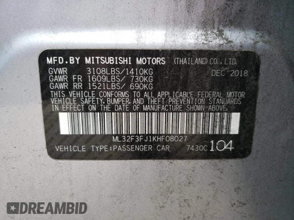 2019 Mitsubishi Mirage ES z VIN ML32F3FJ1KHF08027, wystawiony jako Copart lot #41439105 z przebiegiem 86 795 mil mil oraz Szkoda całkowita • Salvage title. Historia ofert i sprzedaży dostępna na DreamBid. Obrazek 12.
