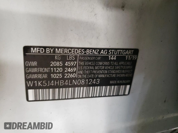 2020 Mercedes-Benz CLA 250 with VIN W1K5J4HB4LN081243, listed as a Copart auction lot 54709405 with 120,716 mi miles and Salvage Title. Bid and sale history available at DreamBid. Image 12.