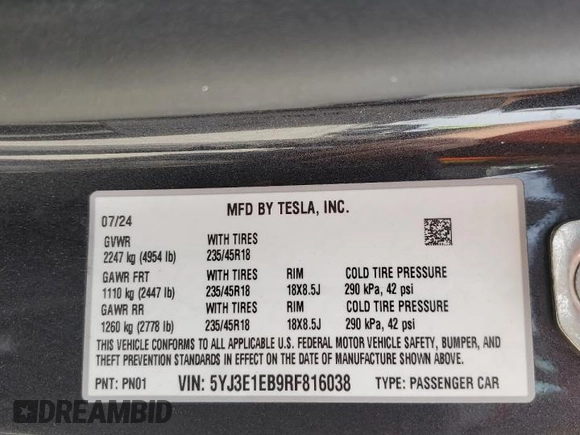 2024 Tesla Model 3 Long Range with VIN 5YJ3E1EB9RF816038, listed as a Copart auction lot 56047485 with 8,786 mi miles and Salvage Title. Bid and sale history available at DreamBid. Image 13.