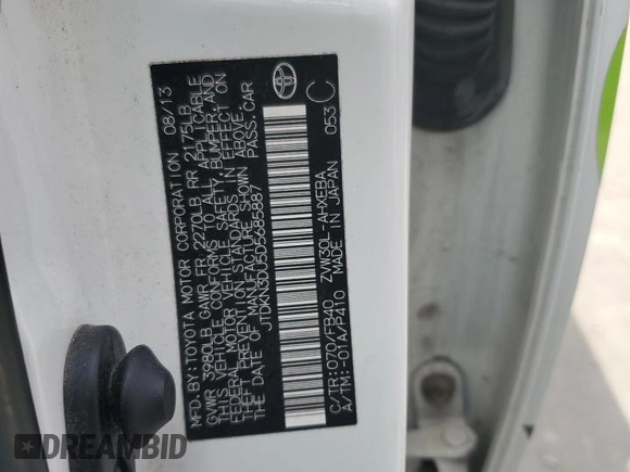 2013 Toyota Prius One with VIN JTDKN3DU5D5685887, listed as a Copart auction lot 48955345 with 227,695 mi miles and Salvage Title. Bid and sale history available at carsss.com. Image 12.