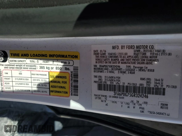 2016 Ford Fusion S with VIN 3FA6P0G75GR324246, listed as a Copart auction lot 49081725 with 134,626 mi miles and Salvage Title. Bid and sale history available at carsss.com. Image 12.