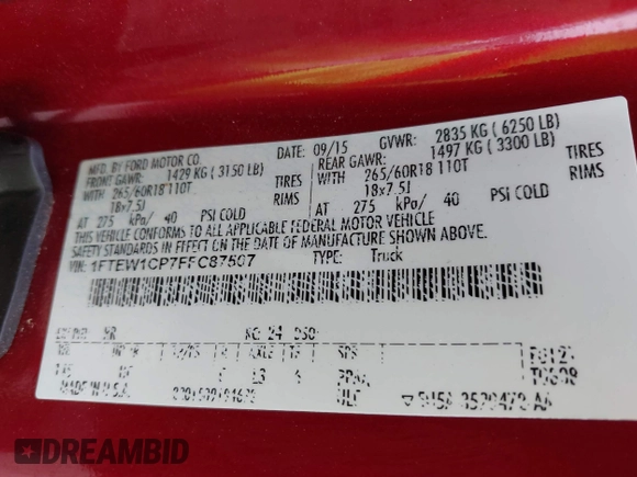 2015 Ford F-150 XL with VIN 1FTEW1CP7FFC87507, listed as a IAAI auction lot 41913485 with 150,960 mi miles. Bid and sale history available at carsss.com. Image 9.