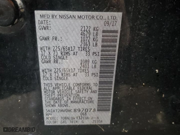 2017 Nissan Rogue SV with VIN 5N1AT2MV0HC897078, listed as a Copart auction lot 51037205 with 154,338 mi miles and Salvage Title. Bid and sale history available at carsss.com. Image 15.