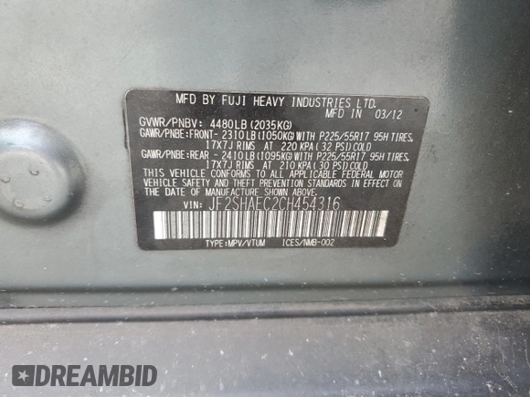 2012 Subaru Forester X Limited with VIN JF2SHAEC2CH454316, listed as a Copart auction lot 59786095 with 158,795 mi miles and Salvage title. Bid and sale history available at DreamBid. Image 12.
