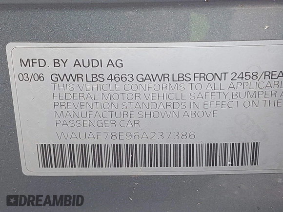 2006 Audi A4 2.0T with VIN WAUAF78E96A237386, listed as a IAAI auction lot 41464490 with 130,305 mi miles and . Bid and sale history available at DreamBid. Image 9.