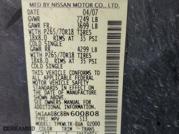 2008 Nissan Armada SE with VIN 5N1AA08C88N600808, listed as a Copart auction lot 84108514 with NaN miles and Salvage Title. Bid and sale history available at carsss.com. Image 13.