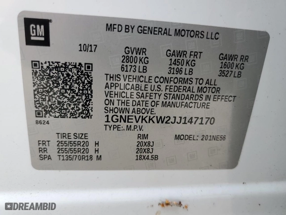 2018 Chevrolet Traverse High Country with VIN 1GNEVKKW2JJ147170, listed as a Copart auction lot 88709985 with 0 mi miles and Salvage Title. Bid and sale history available at carsss.com. Image 13.