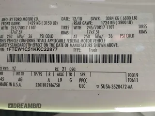 2019 Ford F-150 XL with VIN 1FTEW1C51KKC22877, listed as a IAAI auction lot 41774791 with 143,939 mi miles and . Bid and sale history available at DreamBid. Image 9.