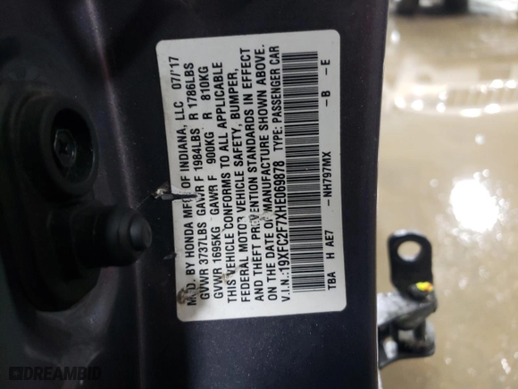 2017 Honda Civic Sedan EX with VIN 19XFC2F7XHE069878, listed as a Copart auction lot 86175544 with 53,982 mi miles and Salvage Title. Bid and sale history available at carsss.com. Image 12.