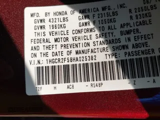 2017 Honda Accord Sport with VIN 1HGCR2F58HA025382, listed as a IAAI auction lot 42020349 with 107,021 mi miles. Bid and sale history available at carsss.com. Image 9.
